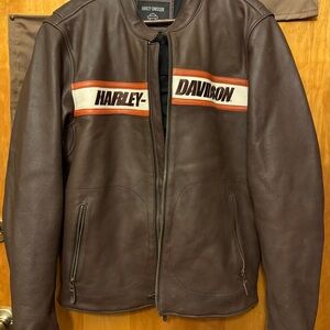 Harley-Davidson Brown Leather Jacket with White & Orange Chest Stripes
